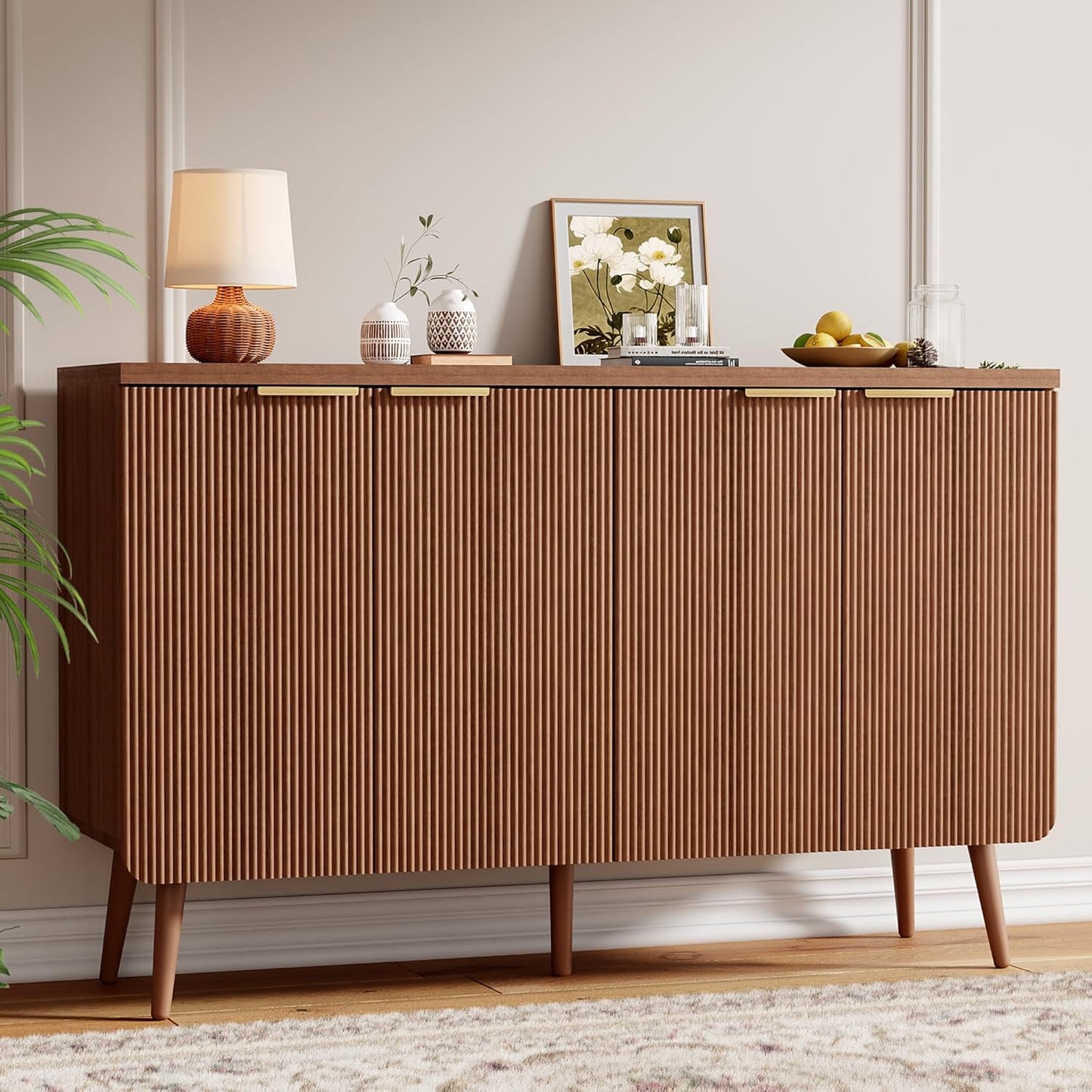 Sideboard Buffet Cabinet with Storage, 4 Doors Wood Entryway Cabinet, Modern Accent Cabinet with Solid Wood Feet & Adjustable Shelves, Multifunctional Console Table for Living Room, Kitchen, Hallway