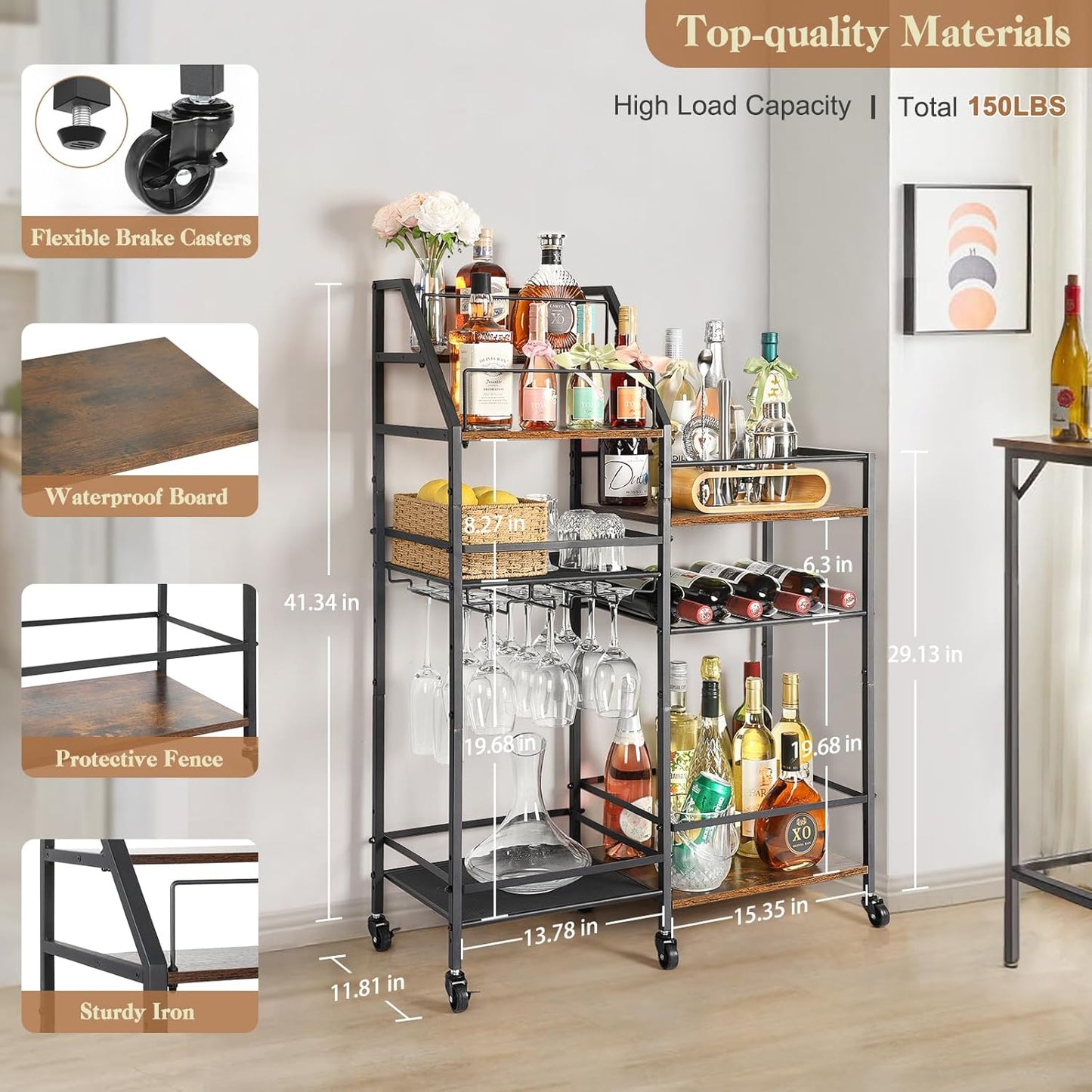 VINAEMO Rolling Bar Cart with Wine Glass Holder, Mini Bar for Whiskey Wine, Liquor Cart for Home, Alcohol Cabinet for Kitchen, Dining Room