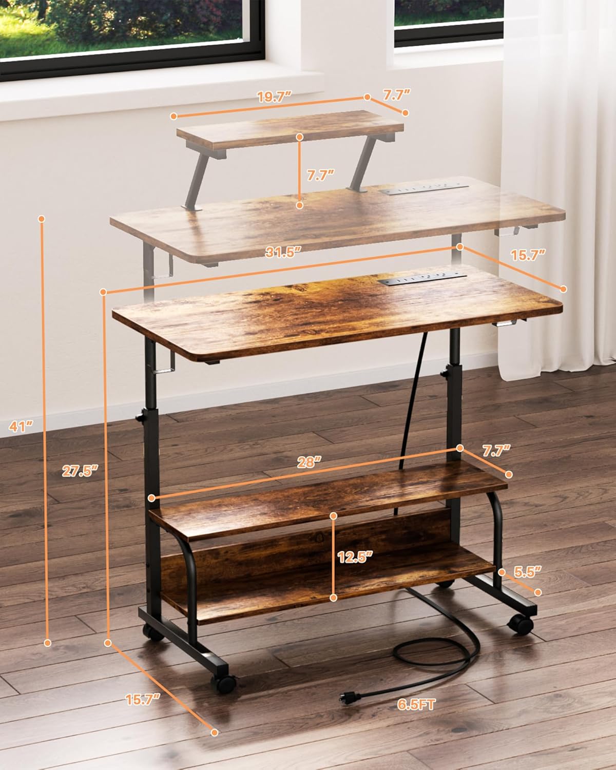 Height Adjustable Standing Desk with Power Outlets and LED Lights - 32" Manual Stand Up Desk with Monitor Stand and Storage Shelves Small Mobile Rolling Computer Desk Portable Laptop Table, Rustic