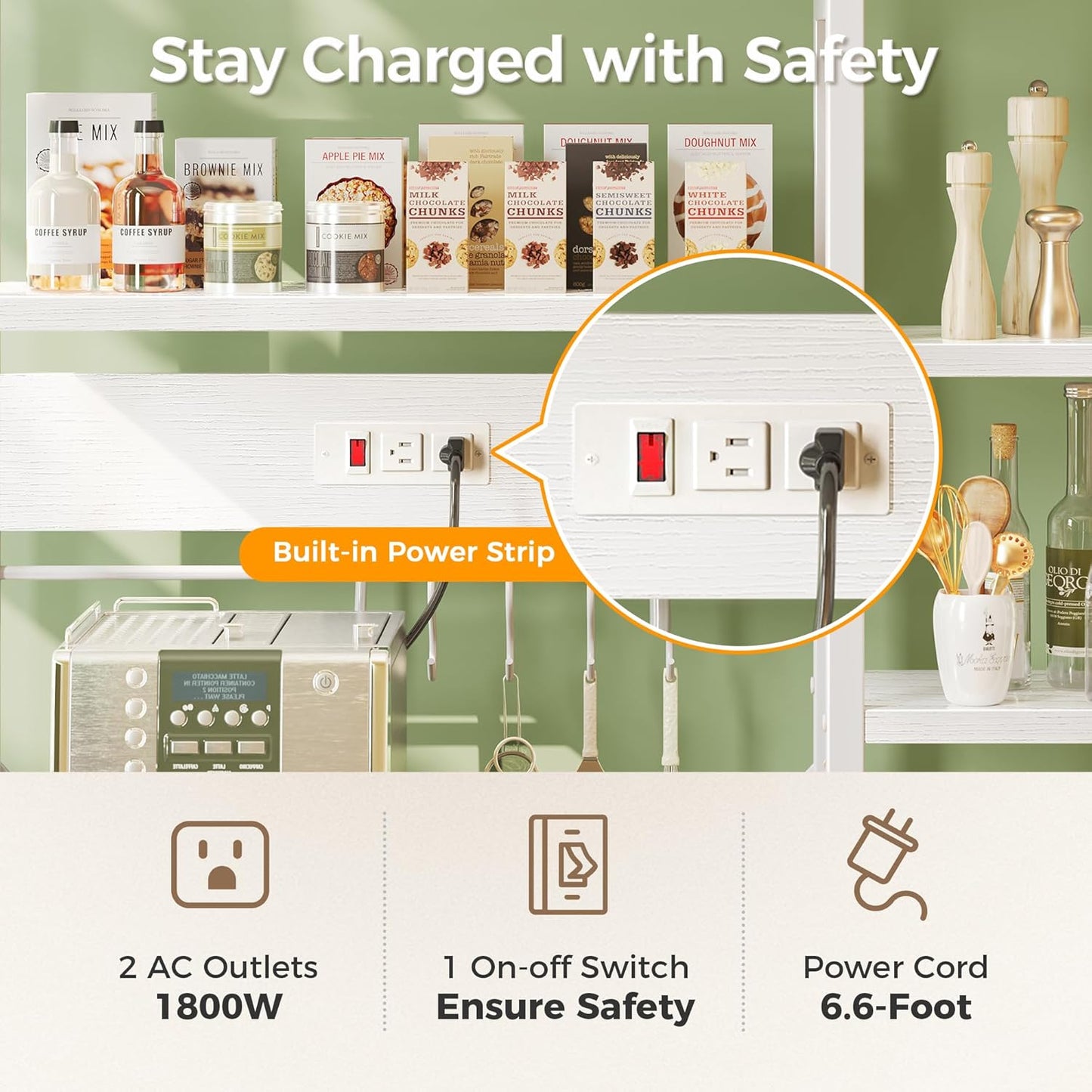 SUPERJARE Large Bakers Rack with Power Outlets, 6-Tier Microwave Stand, Coffee Bar with 12 S-Shaped Hooks, Kitchen Shelf with Wire Basket, 39.3 x 15.5 x 66.9 Inches, White