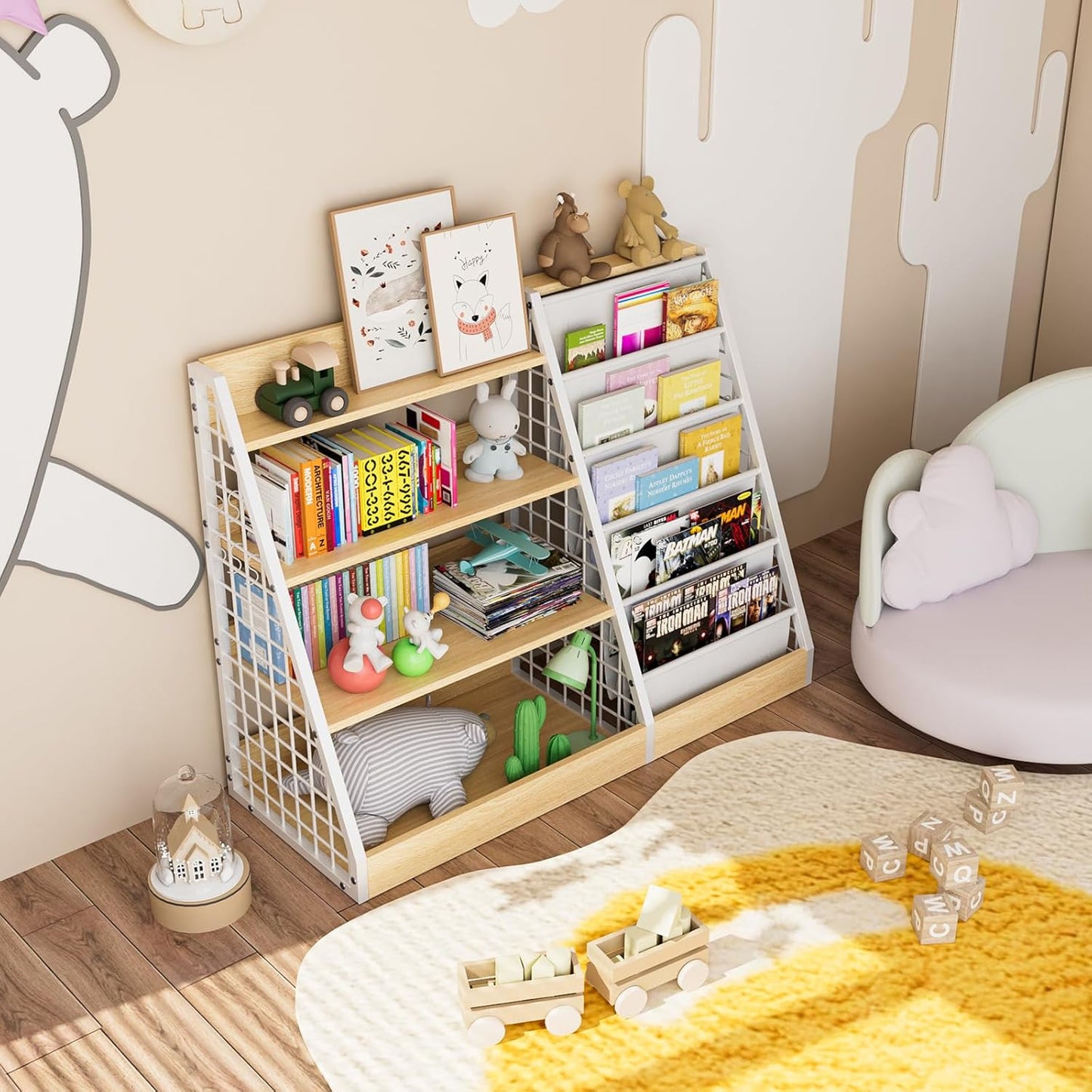 Kids Book Shelf,4 Tier Wooden Bookshelf,5 Layer Sling Children Bookcase,Toy Organizer Cabinet Chest,Book Display Shelf with Metal Frame, Nursery Playroom Classroom Library (Natural)