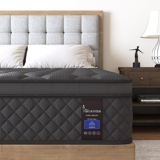 Queen Mattress, 12 Inch Hybrid Mattresses Black, Euro Top Medium Firm for Back & Lumbar Support, 100 Night Trial, Individual Pocket Spring for Motion Isolation & Pressure Relief