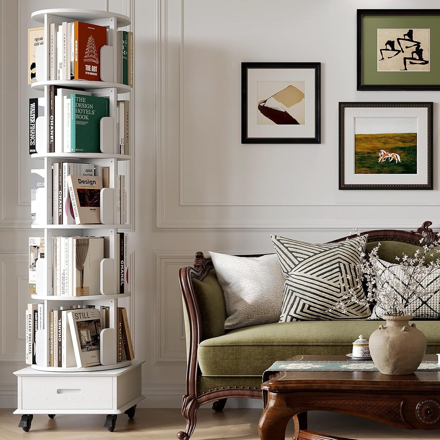 Solid Wood Rotating Bookshelf Tower, 5 Tier Spinning Bookcase with Drawer, 72" Floor Standing Revolving Bookshelf on Wheels, Corner Bookcase for Small Space, White