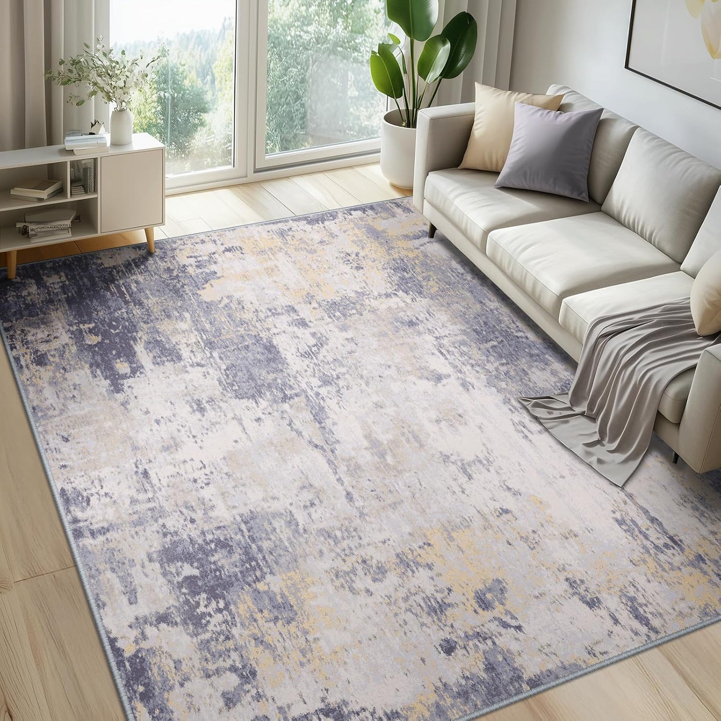 Washable Area Rugs 6'x9' Non-Slip Modern Abstract Soft for Living Room Entryway Bedroom Nursery, Print Pattern, Purple Grey Cream Yellow
