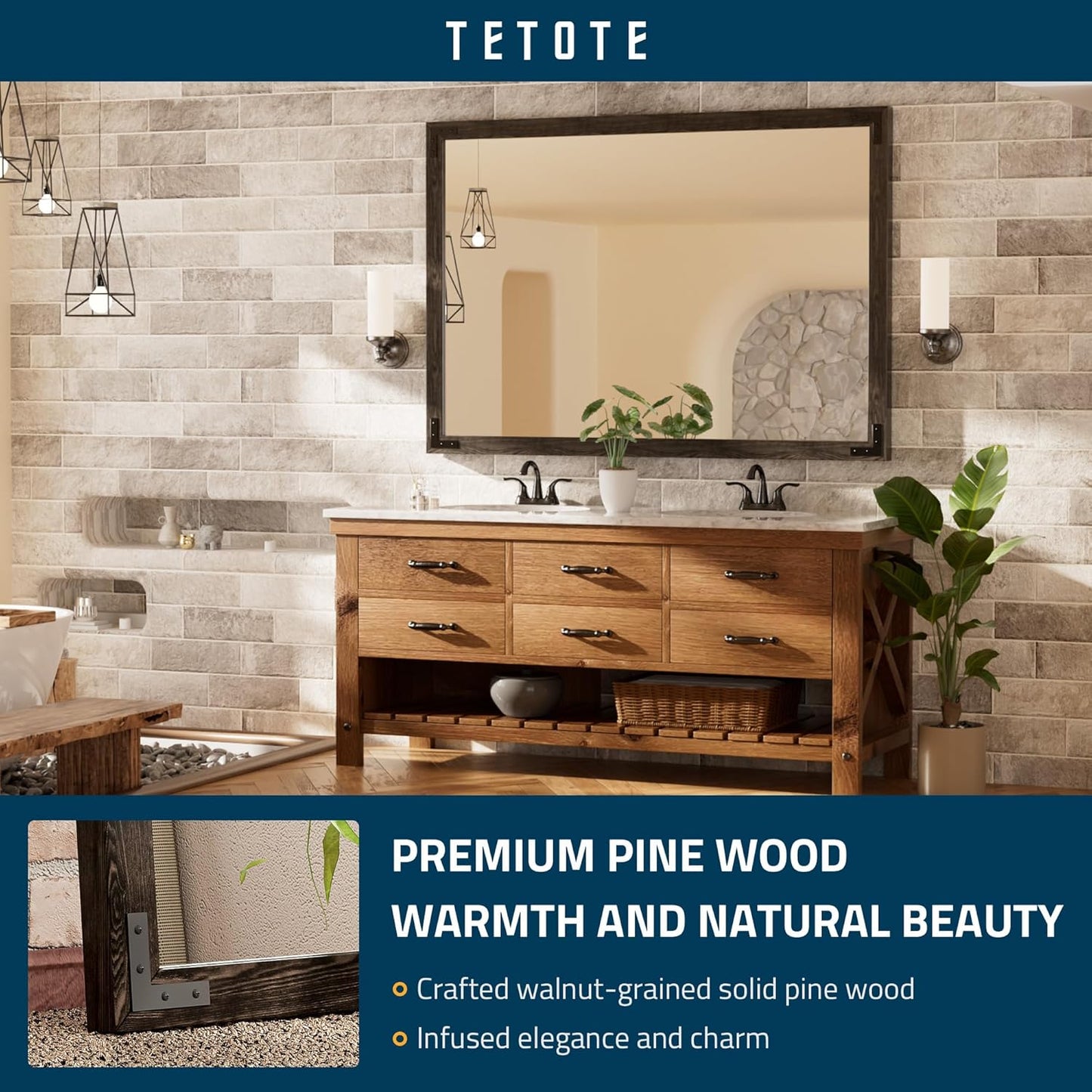 TETOTE 55 x 36 Black Wood Mirror for Bathroom Wall/Bedroom/Living Room/Entryway Farmhouse Rustic Bathroom Vanity Mirror for Over Sink Waterproof (Horizontal/Vertical Mounted)