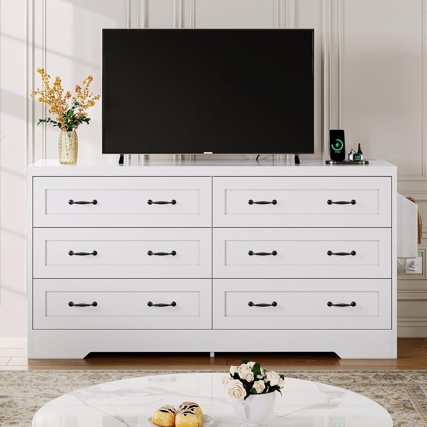 YITAHOME White Drawers TV Stand for 65 inches with Power Outlets -Chest of Drawers Dresser with Side Organizer Bag Entertainment Center TV Console, White