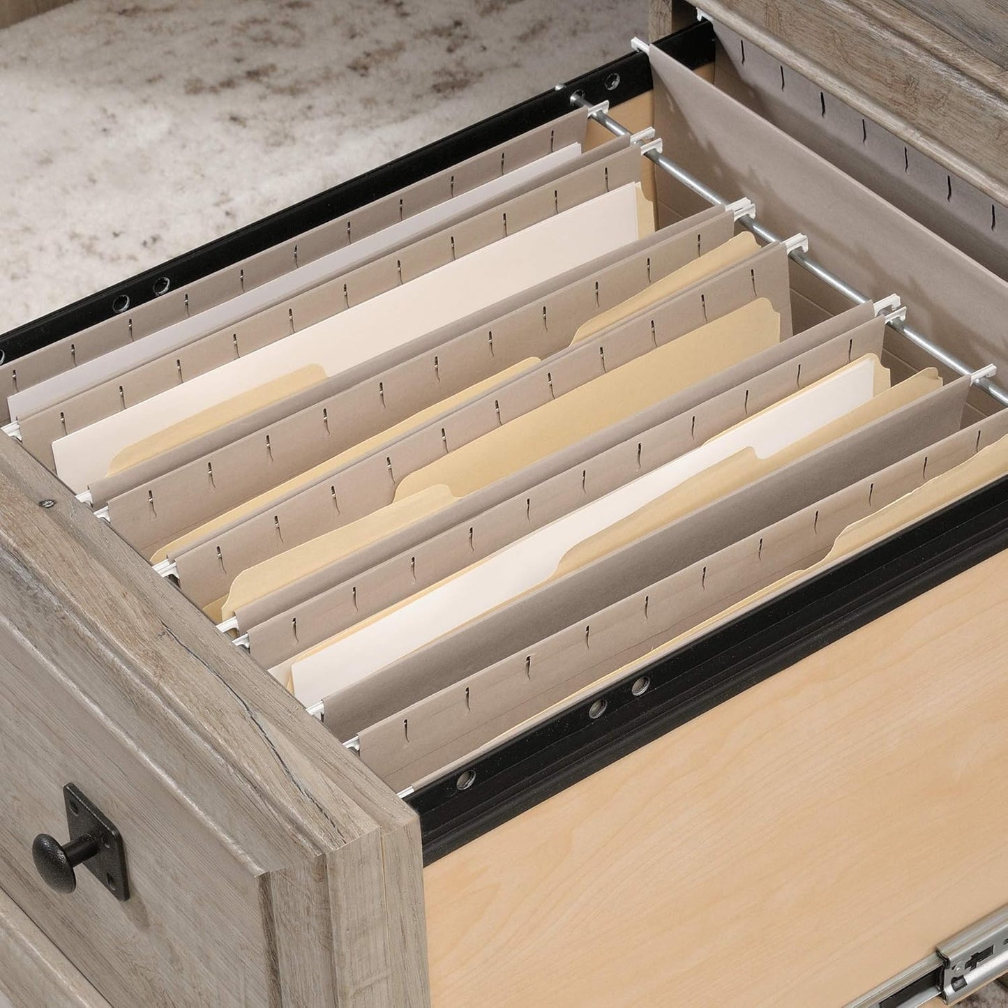 Sauder Palladia Office Desk with Drawers, Executive Desk with File Cabinet Storage, Cable Management, Keyboard Tray, in Split Oak Finish