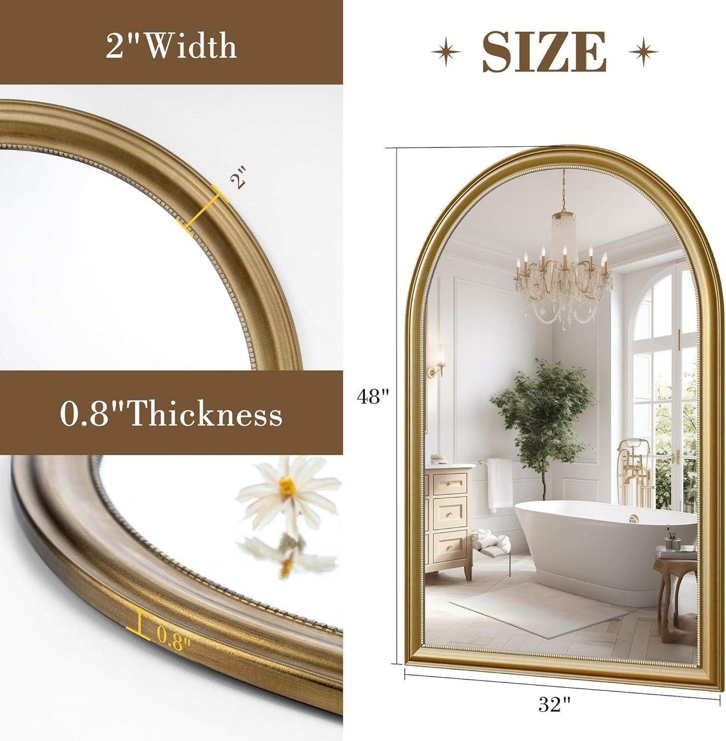 Axeman 32x48 Arched Wall Mirror, Decorative Bathroom Mirror, Traditional Vintage Wall Mounted Mirror with Beaded Frame for Accent Living Room Vanity Bedroom Entryway, Gold