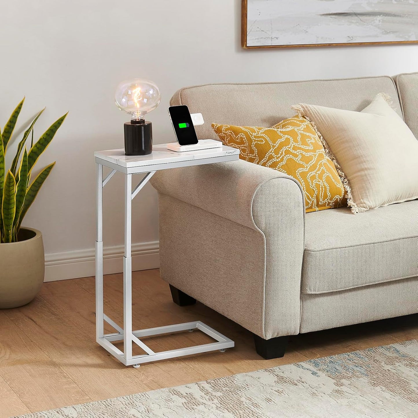 C-Shaped End Table, Small Sofa Table with Metal Frame, Adjustable Height Side Table for Couch, Living Room, Bedroom, Bedside (Silver, Large)