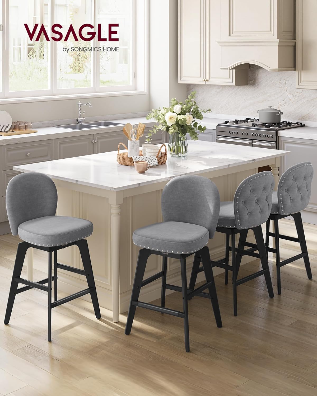 VASAGLE Bar Stools Set of 2, Swivel Counter Height Bar Stools with Back and Wood Legs, Chenille Fabric Upholstered Barstools, 26.2-Inch Tall Counter Barstools for Kitchen Island, Slate Gray