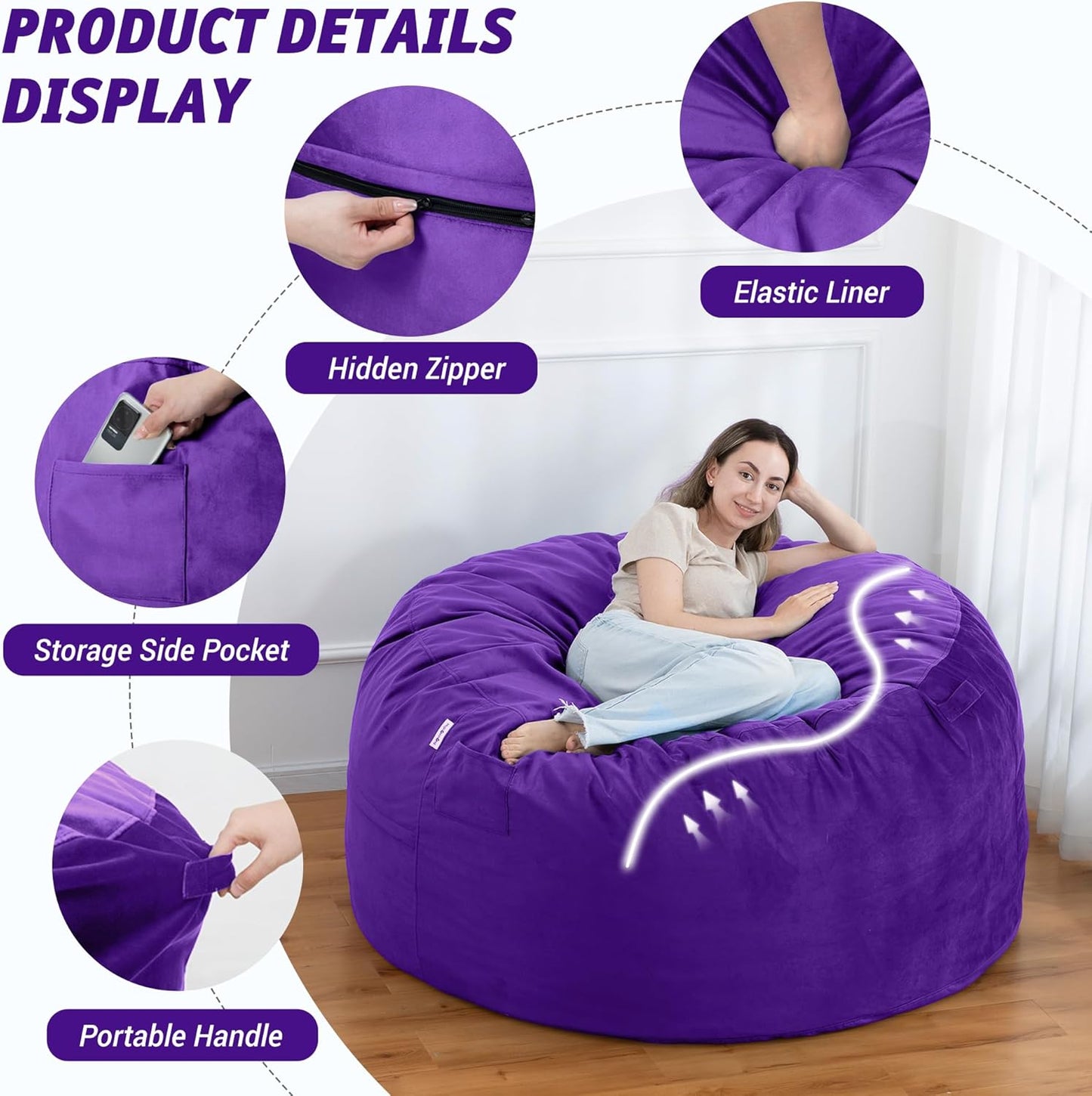 5FT Bean Bag Chair with Ultra Soft Velvet Cover Bean Bag Sofa with Memory Foam Bean Bag Chairs with Large Size Lazy Sofa for Dorm Office Living Room Bedroom Purple 5'