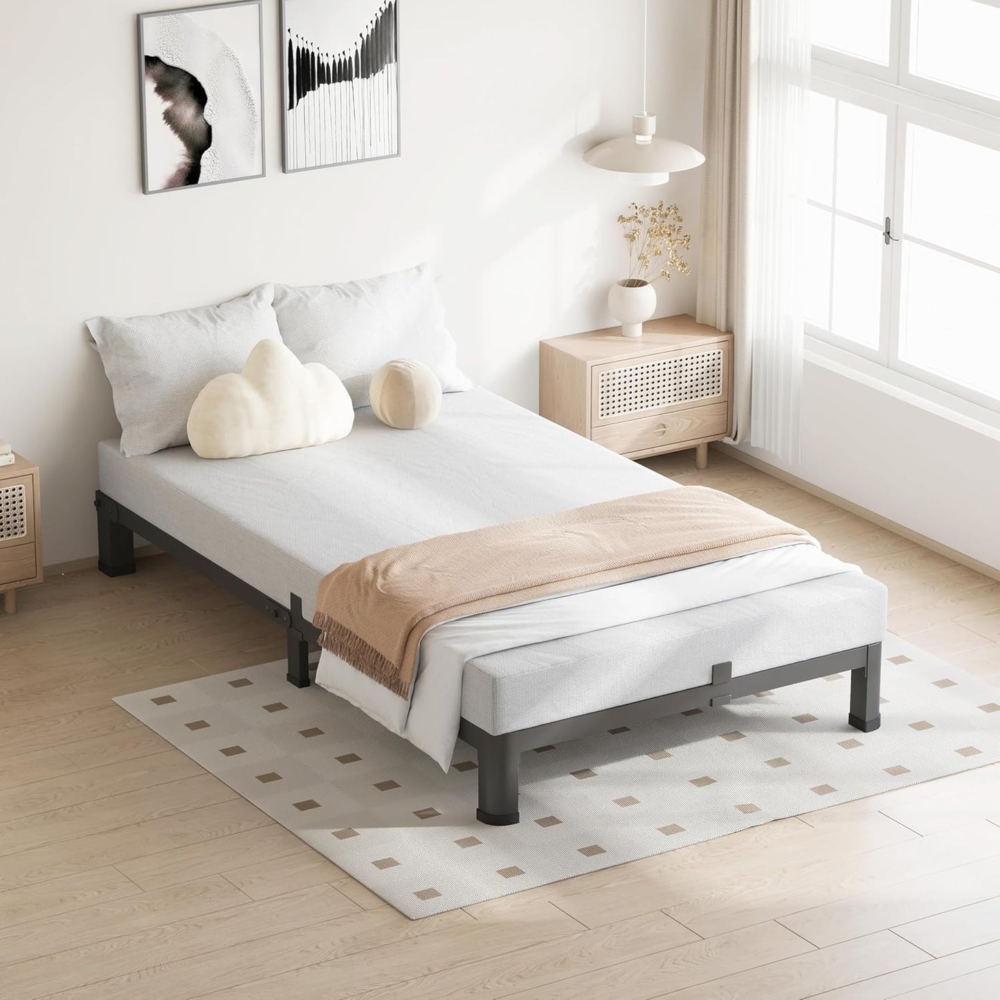 4 Inch Twin Size Bed Frame, 3500Lbs Heavy Duty Metal Platform with Round Corner Legs Mattress Slide Stopper, Steel Slat Support No Box Spring Needed, Noise Free, Non-Slip, Easy Assembly