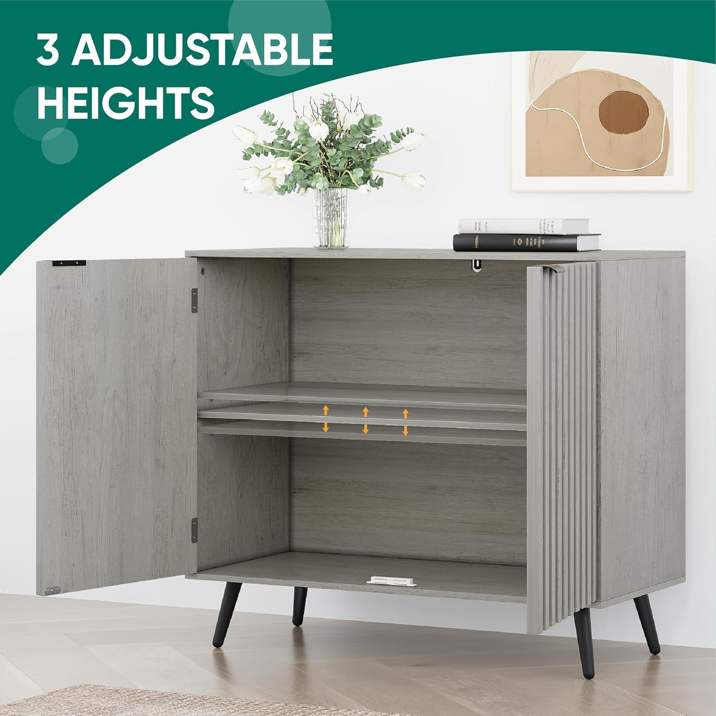 Smuxee Freestanding Fluted Sideboard, Grey Wash Buffet with Wood Storage, Adjustable Shelf for Living Room, Entryway, Hallway