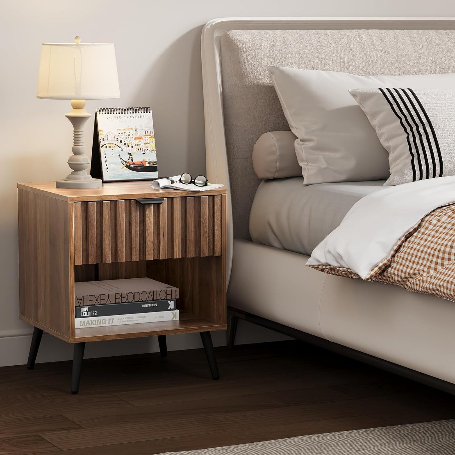 Nightstands, Walnut Fluted Night Stand, Mid Century Modern Nightstand, Bedside Table with Seamless Slatted Drawer, End Tables Bedroom with Metal Legs, Night Stand for Bedroom