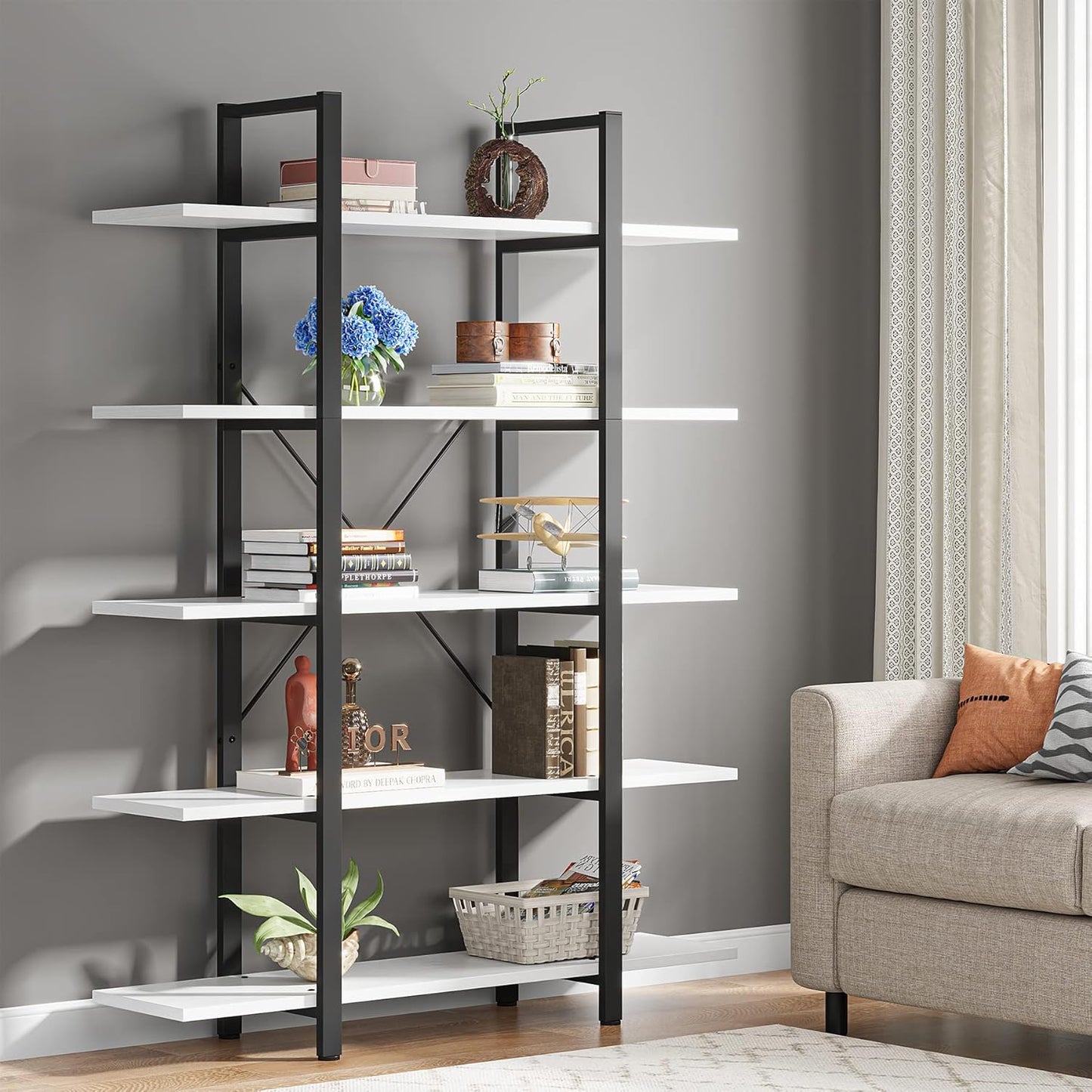 Tribesigns 5-Tier Bookshelf, Vintage Industrial Style Bookcase 72 H x 12 W x 47L Inches, White