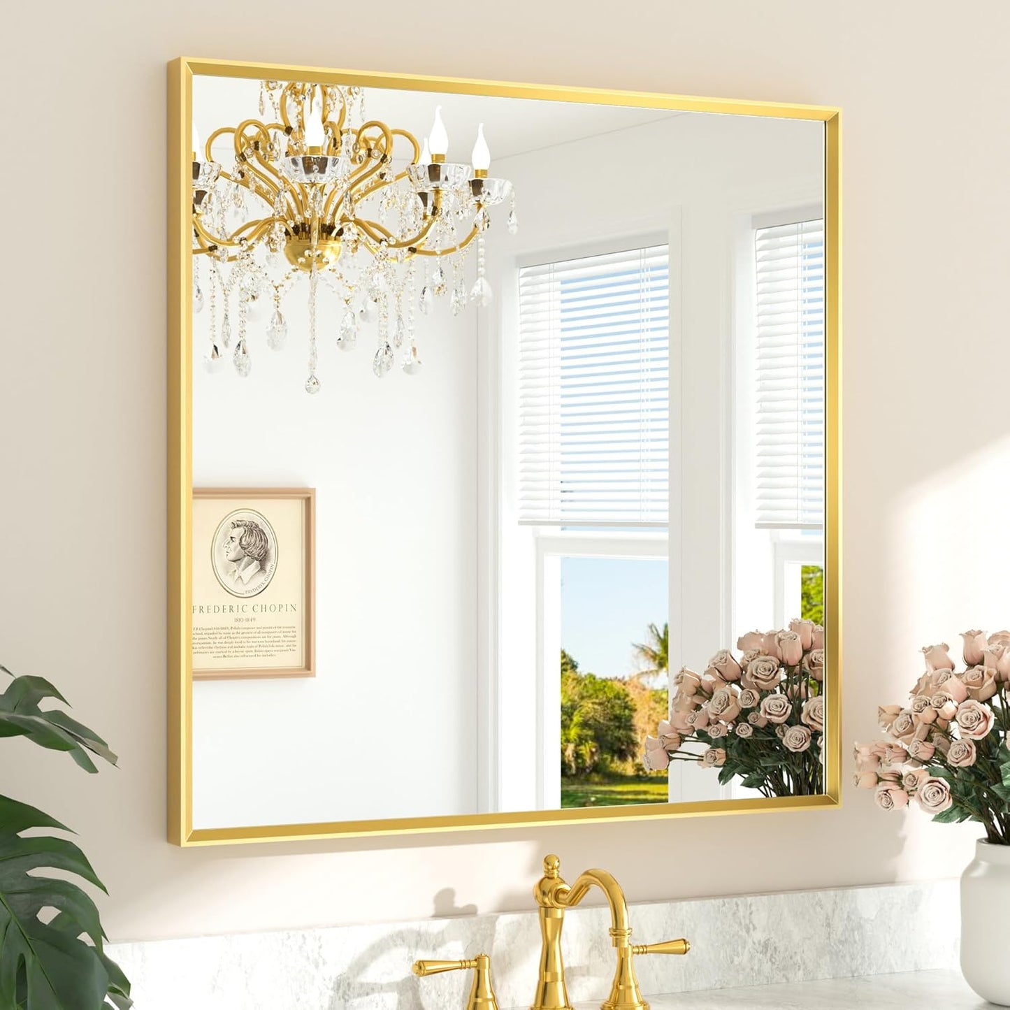 TETOTE Brushed Gold Vanity Mirror for Bathroom 36" x 36" Brushed Brass Rectangle Beveled Framed Bathroom Wall Mirror for Over Sink, Tempered Glass, Modern Farmhouse Bedroom, Entryway, Living Room