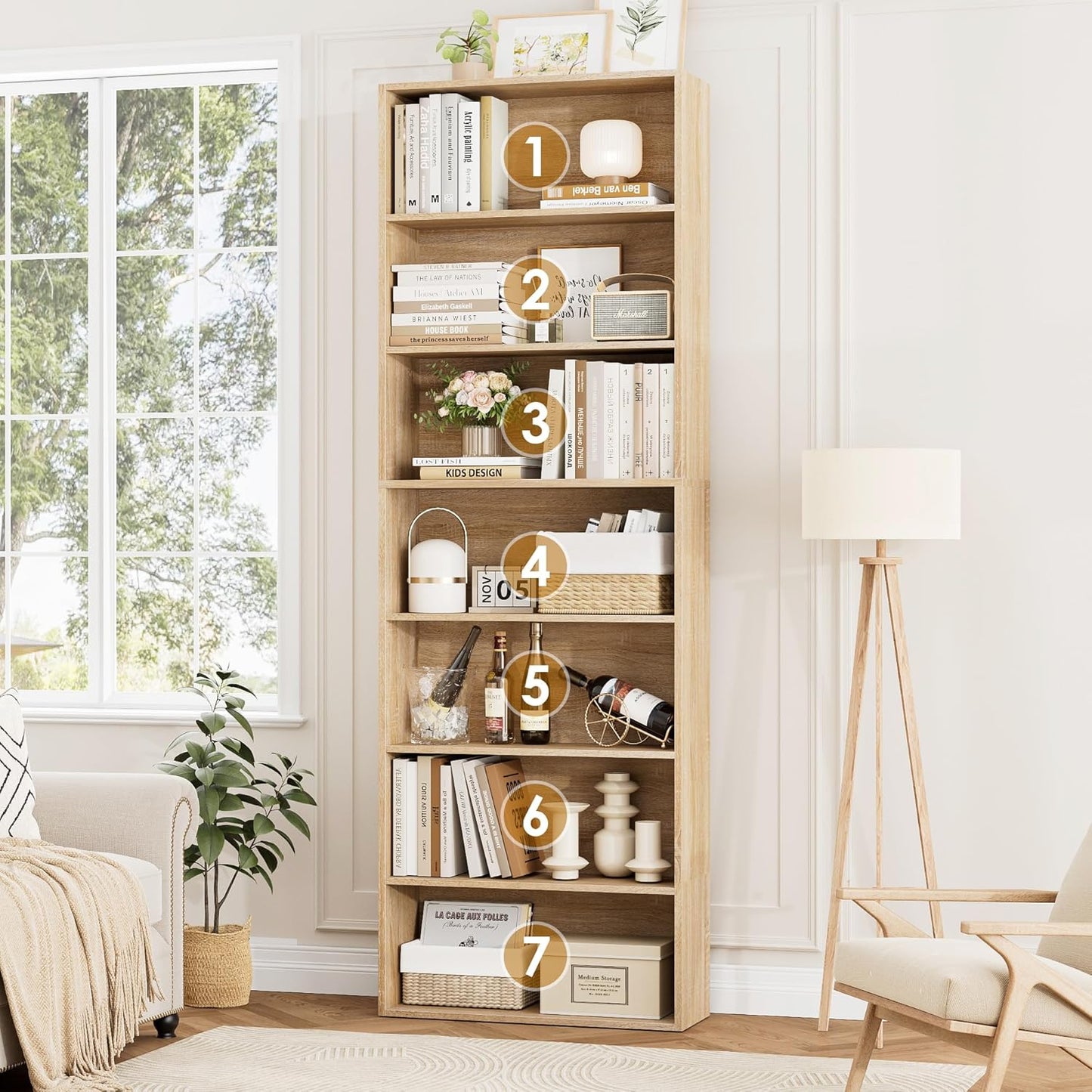 82" Tall Bookshelf, 7-Tier Open Shelves Bookcase, Freestanding Display Storage Shelves, Tall Bookcase Home Decor Furniture for Home Office, Living Room, Bedroom, Light Oak