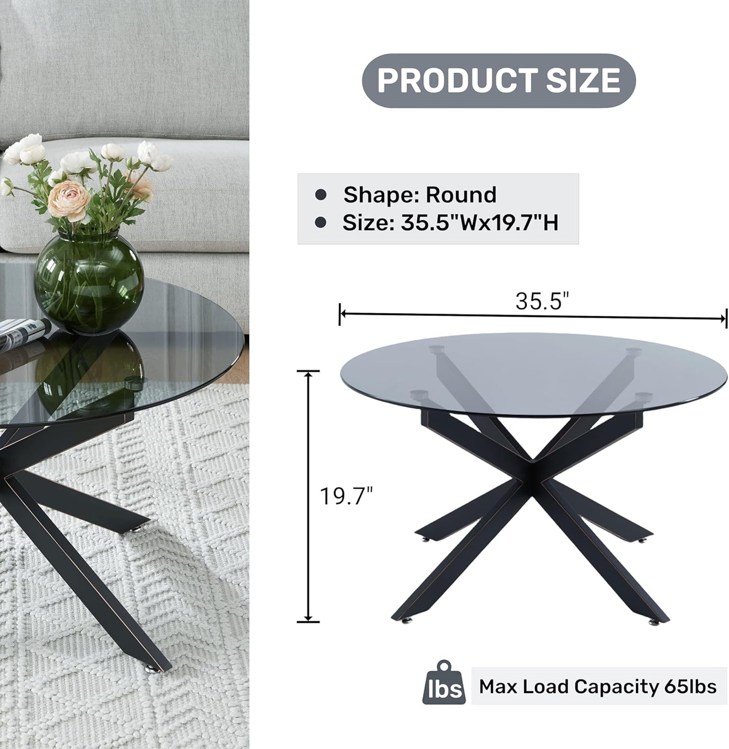 Round Glass Coffee Tables for Living Room, Home Office, Modern & Simple Center Table with Gray Tempered Glass Top, 35.5" Wx19.7 H Black