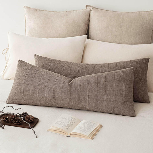 Foindtower Set of 2 Decorative Linen Check Throw Pillow Covers Neutral Long Body Lumbar Cushion Covers Farmhouse Vintage Boho Home Decor for Sofa Chair Couch Bedroom Living Room,14×36 Inch,Tan Taupe