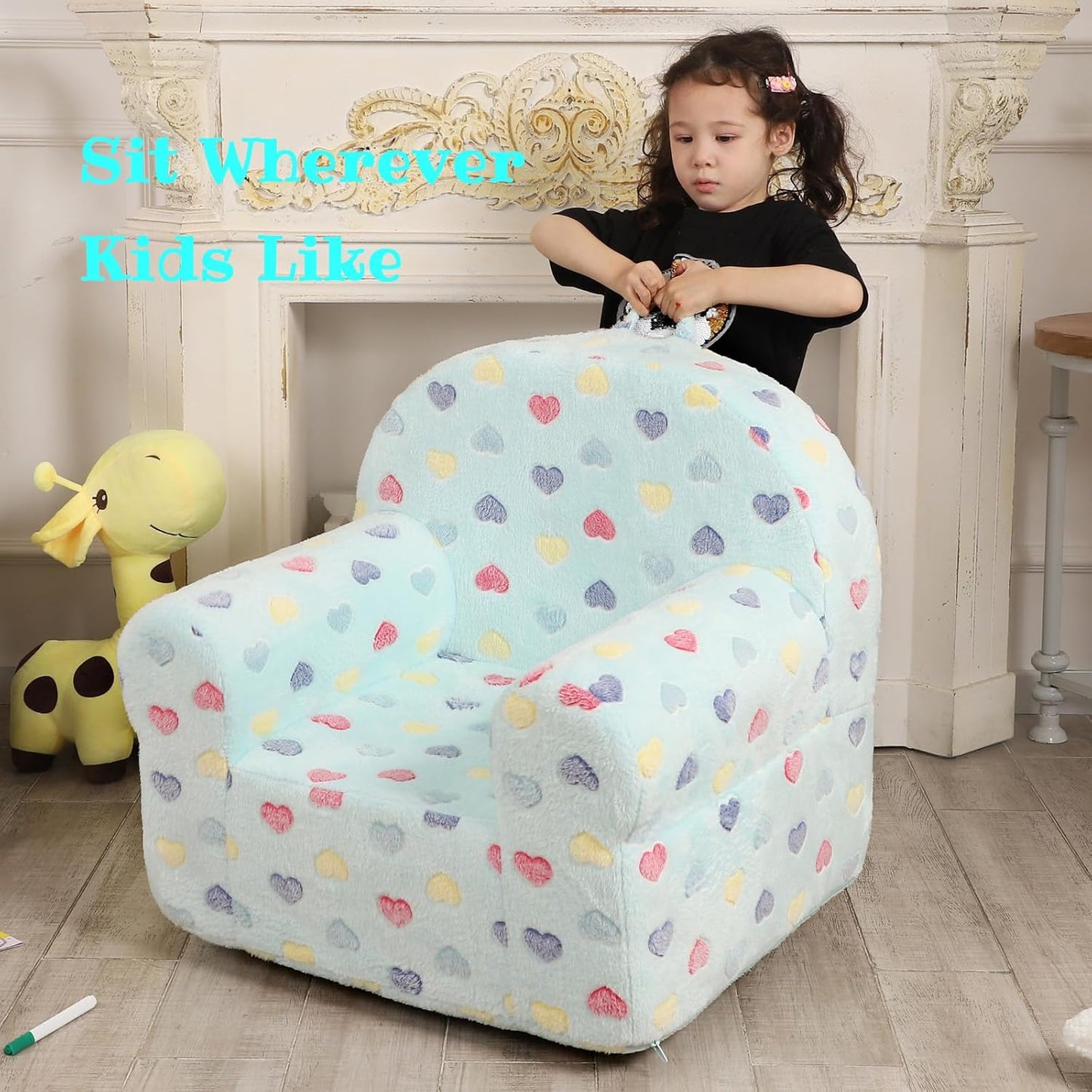 Colorful Heart Kids Sofa with Star Throw Pillow, High Back Toddler Chair Glow in The Dark for Boys and Girls, Lake Blue