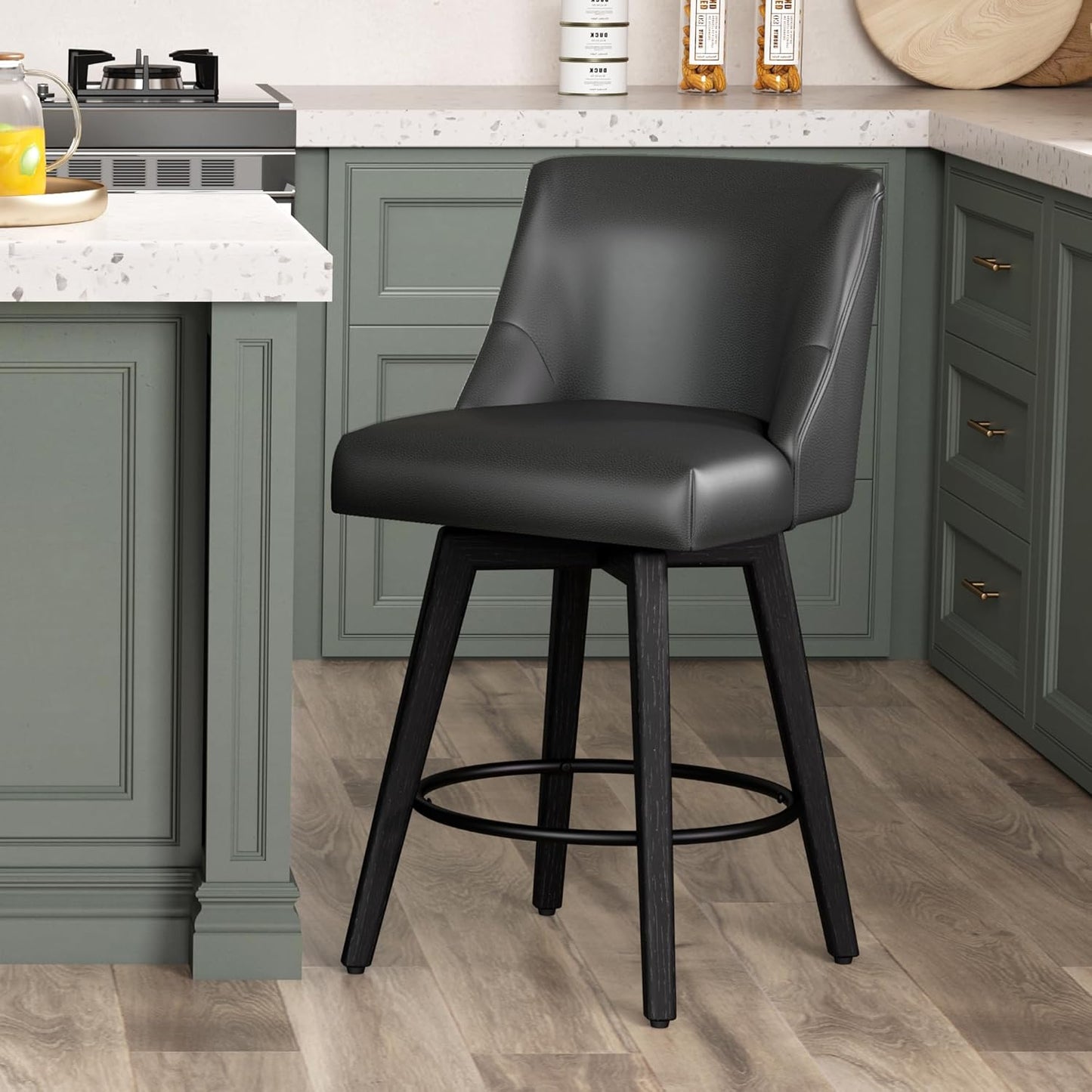 Counter Height Bar Stool, Modern Swivel Barstools with Back and Wood Leg, Faux Leather Upholstered Counter Height Stool, 26" H Kitchen Counter Stool, Kitchen Island Home Bar, Black Grey