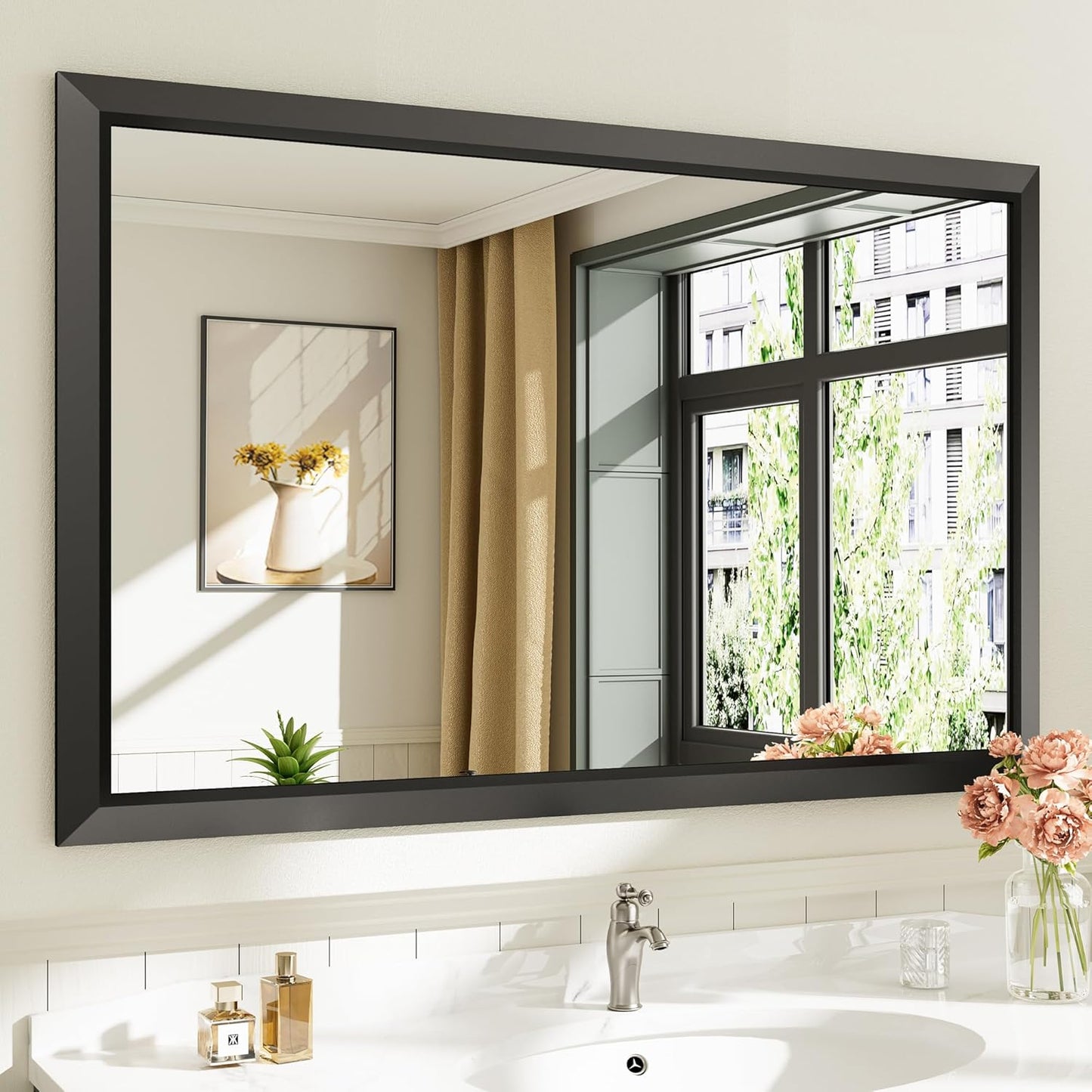 48x30 Inch Black Bathroom Mirror for Wall, Thick Metal Framed Rectangle Mirrors for Over Sink, Bedroom, Living Room, Entryway, Anti-Rust, HD Tempered Glass