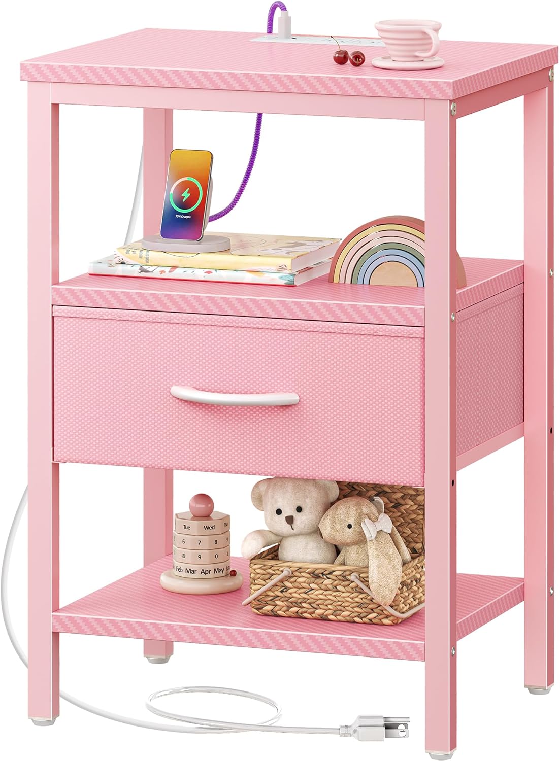SUPERJARE Nightstand with Charging Station, Bed Side Table with Adjustable Fabric Drawer, Night Stand for Bedroom, 3-Tier Storage End Table, for Living Room, Pink