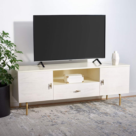 SAFAVIEH Genevieve TV Stand for up to 65" Flatscreen – Cream & White Washed Finish, Mid-Century Modern Storage Cabinet, Entertainment Media Console (MED5000D)