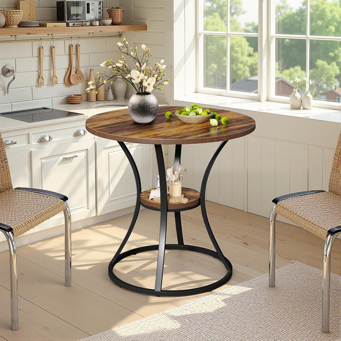 Round Dining Table for 2-4, 31.5" Small Dinner Table Kitchen Tables with Storage Shelf for Dining Room, Kitchen, Living Room, Brown and Black