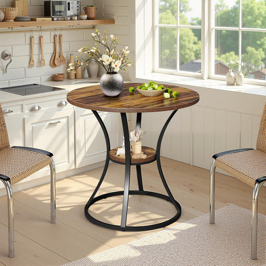 Round Dining Table for 2-4, 31.5" Small Dinner Table Kitchen Tables with Storage Shelf for Dining Room, Kitchen, Living Room, Brown and Black