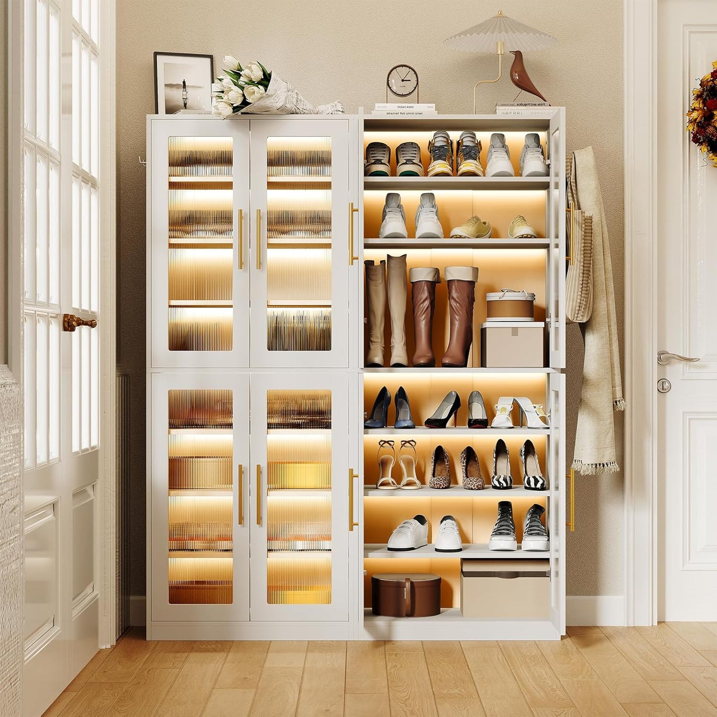 LITTLE TREE Stylish 8-Tier Vertical Shoe Rack with Built-in LED Lighting, Doors for Dust Protection, and Convenient External Hooks, Shoe Cabinet for Entryway, Living Room, Bedroom, White