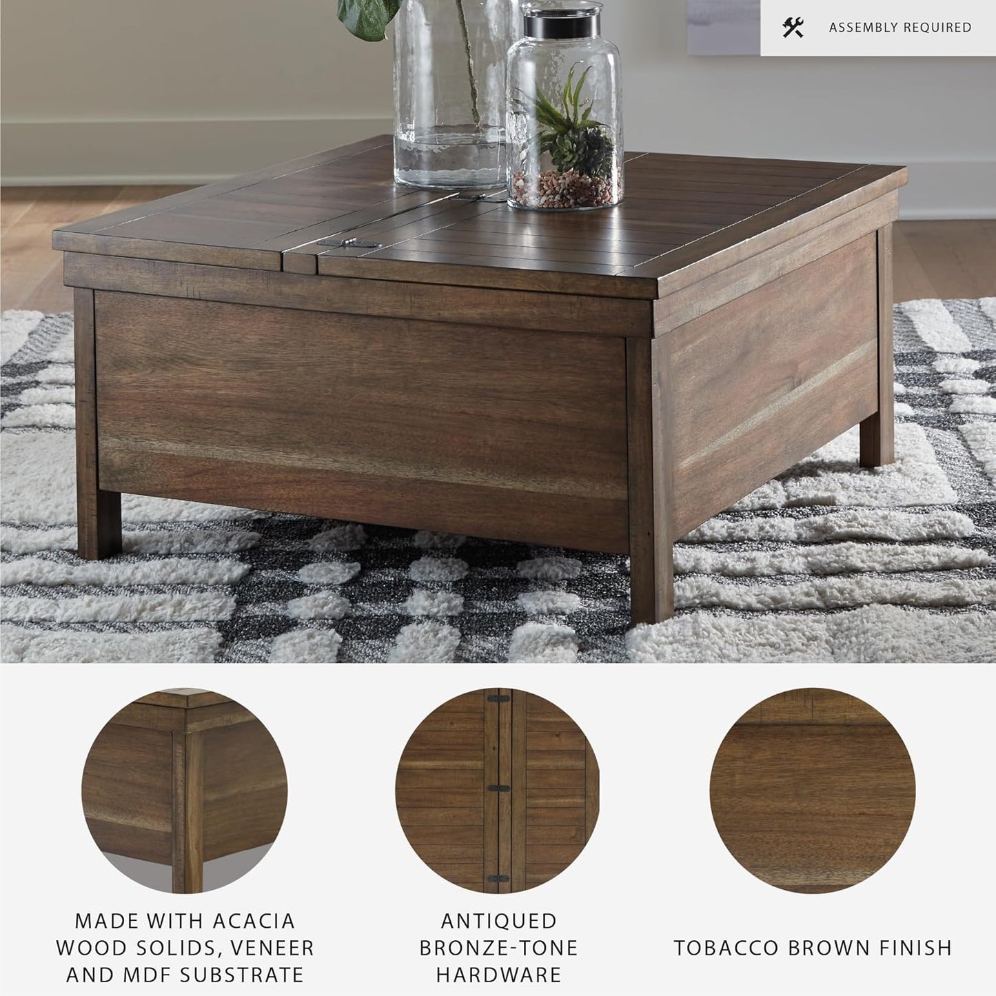 Signature Design by Ashley Moriville Rustic Hinged and Lift Top Cocktail Table with Hidden Storage, Light Brown