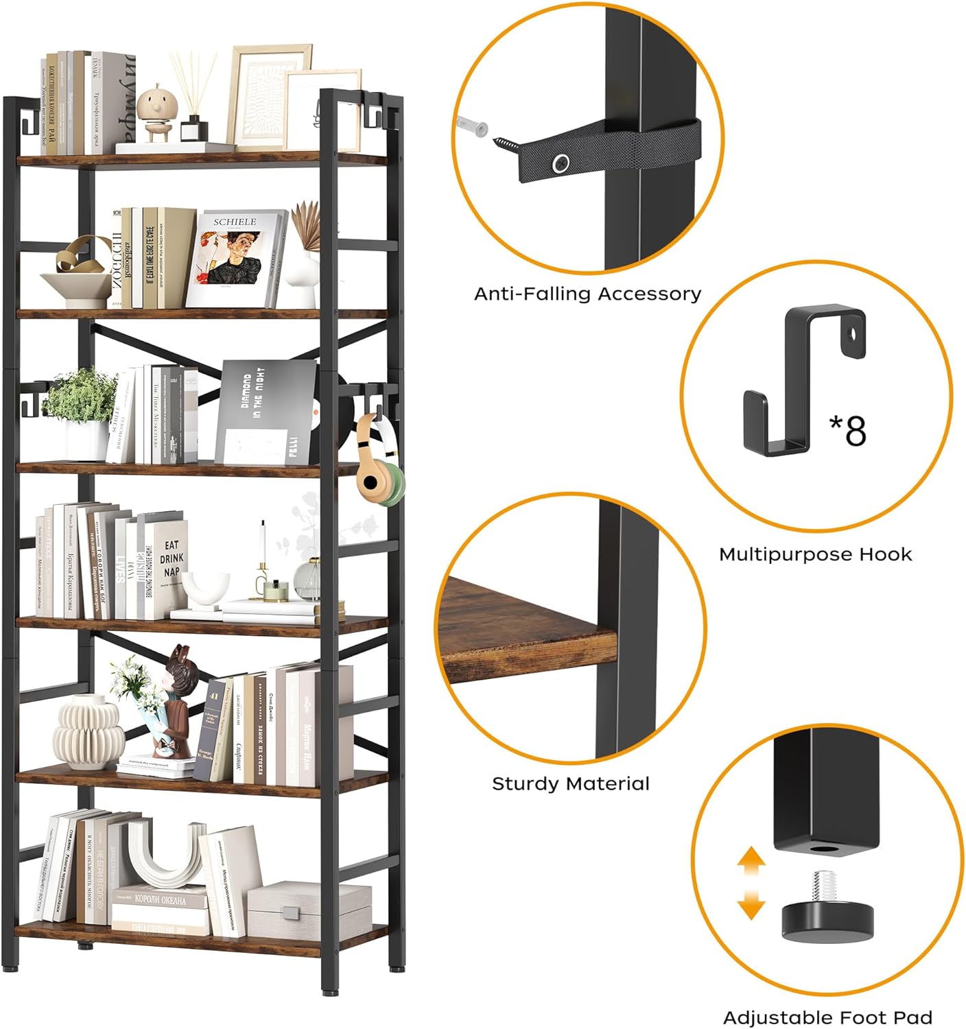 6 Tier Bookshelf, Industrial Bookcase with 8 Hooks, Vintage Storage Rack with Open Shelves, Rustic Standing Bookshelves Metal Frame Display Rack for Living Room, Bedroom, Rustic Brown