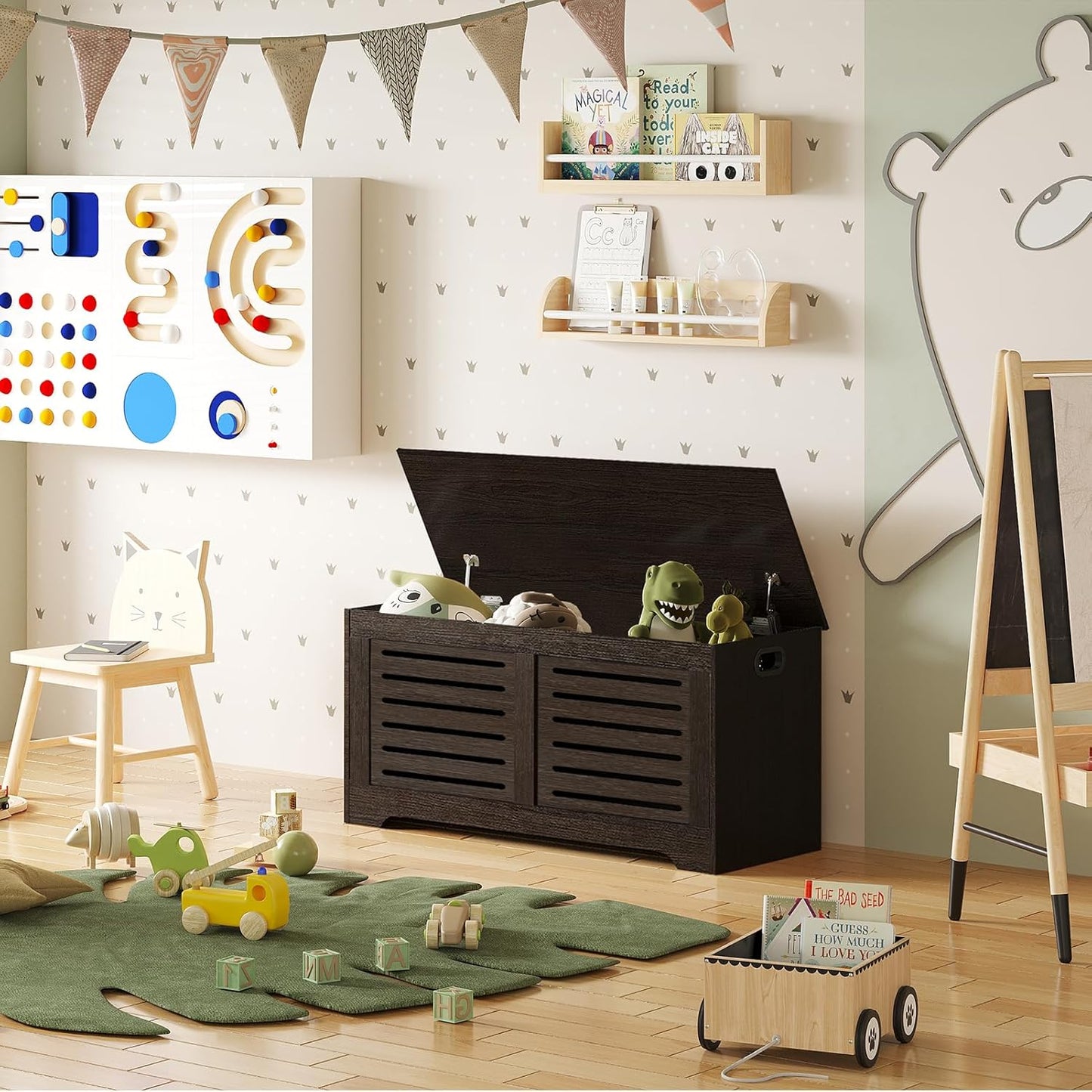 DINZI LVJ Storage Chest, 39.4”Wooden Toy Box with 2 Safety Hinges, Retro Entryway Shoe Storage Bench with Flip-Top, Sturdy Large Storage Trunk for Living Room, Bedroom, Easy Assembly, Espresso