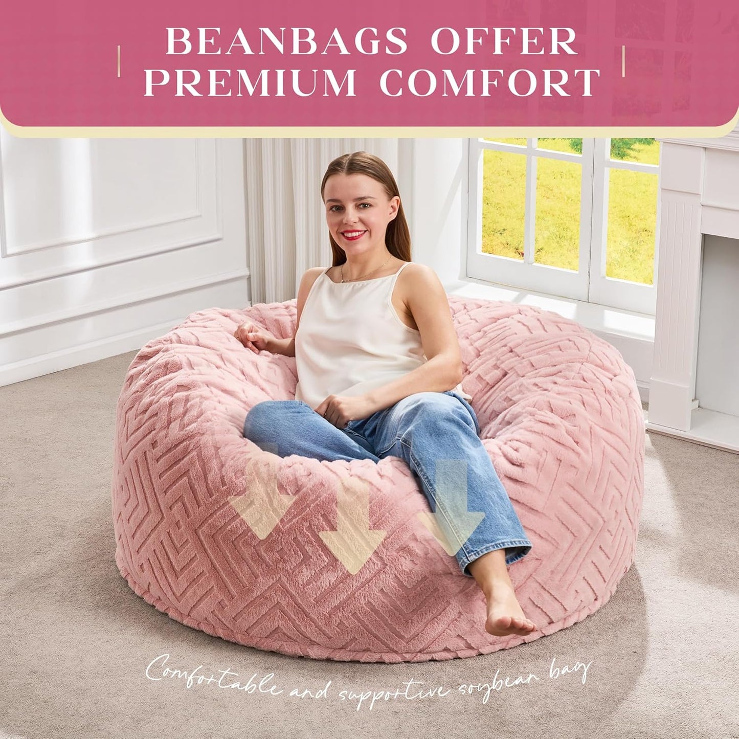 Hobestluk Bean Bag Chairs Adults Beanbag Chair with Filler Large Bean Bags with Fluffy Embossed Cover, Giant Bean Bag Chairs for Adults (Pink, 3FT - 36” x 36” x 22”)