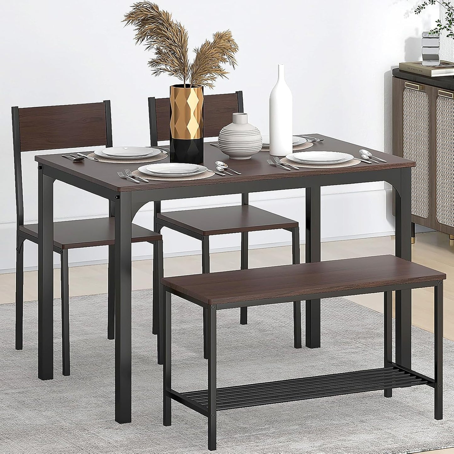 SogesHome 4-Piece Dining Table Set for 4 - Space-Saving Kitchen Set with Bench and Chairs, Ideal for Restaurants and Coffee Shops, Dark Walnut