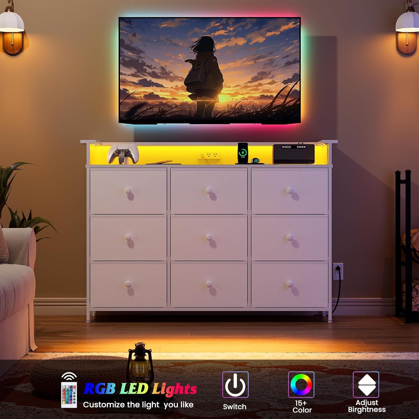 Nicehill 9 Drawer Dresser for Bedroom,Led Light White Dresser,TV Stand for Bedroom with Charging Station, Fabric Drawer Chests of Drawers for Hallway,Closet,Entryway