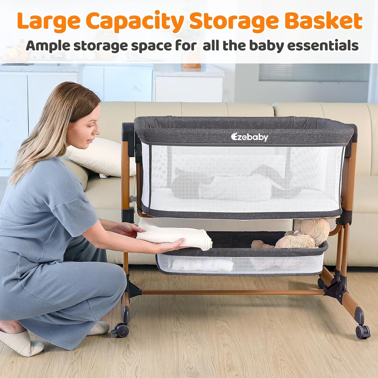 Ezebaby 3-in-1 Baby Bassinet, Rocking Baby Bassinets Bedside Sleeper, Adjustable Portable Crib for Newborn Infant with Wheels Storage Basket and Mesh Sides