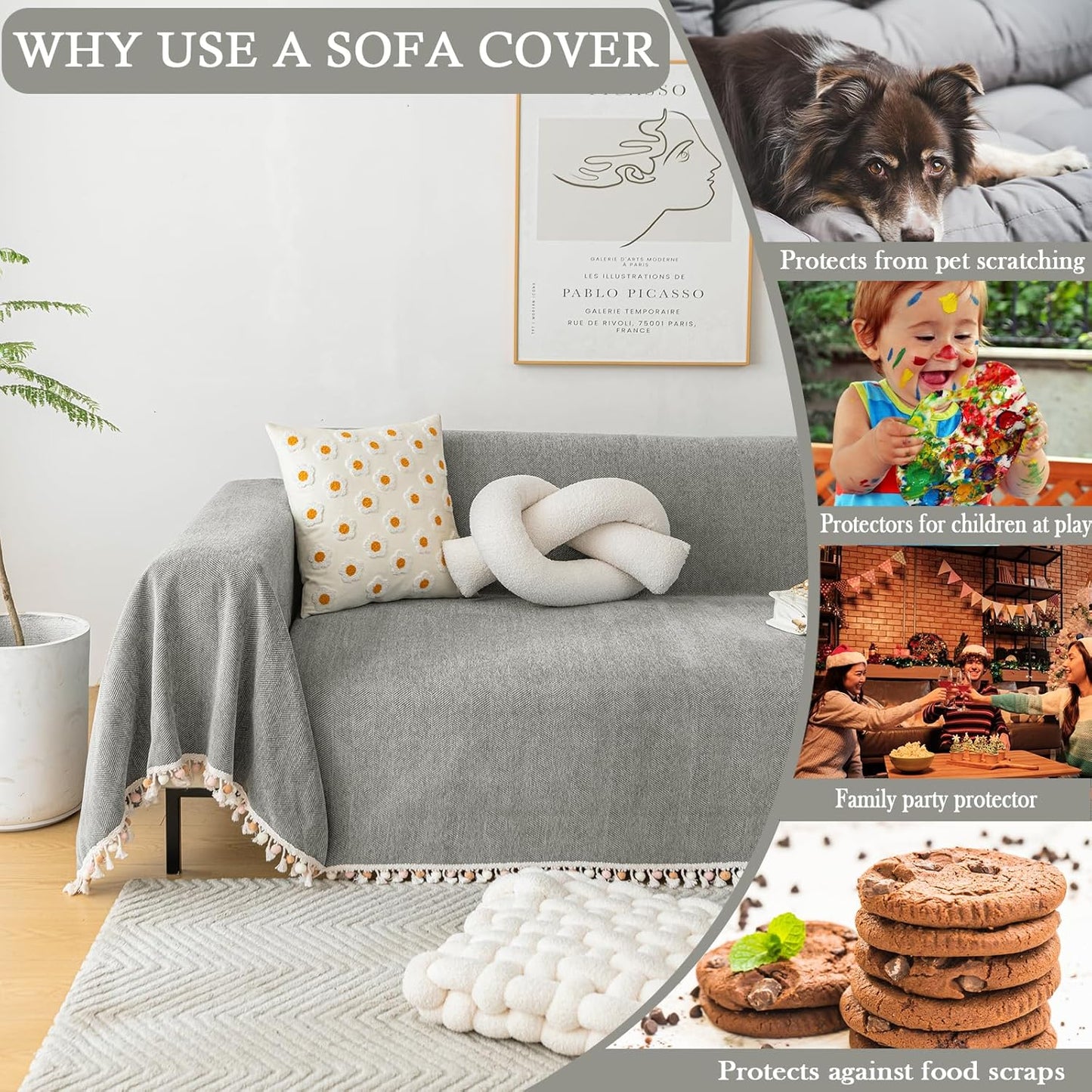 HANDONTIME Couch Slipcovers for Sofas - Dark Grey Couch Cover - Dog-Friendly Boho Pet Protector with Chenille Herringbone Pattern, 91" x 118" (2-3 Seat)