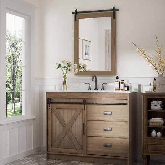 Brown Farmhouse Mirror for Wall, 22x30INCH Wood Framed Rectangle Bathroom Mirrors for Vanity, Barn Door Style Mirrors Wall Mounted Dresser Decor Mirror Living Room Bedroom Vertical