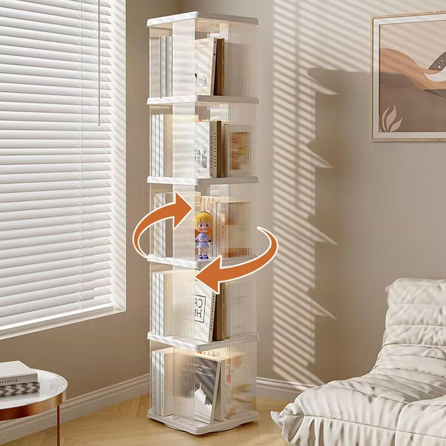 Rotating Bookshelf Tower, 360-Degree rotating bookshelves , Small-Space Corner Spinning Bookshelf , Revolving Bookcase Suitable for Bedrooms, Living Rooms, Studies and Offices (Rectangular，White）