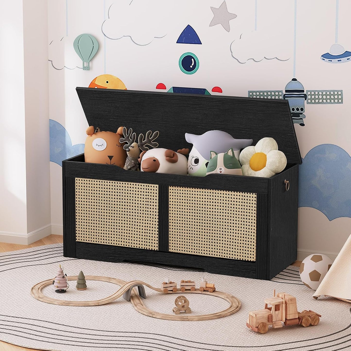 HOOBRO Storage Bench, 43.3" Toy Box, Rattan-Like Storage Chest, Sturdy Entryway Bench Supports 220 lb, Toy Chest, Safety Hinge, U-Shaped Opening, Easy Assembly, Black BB22CW01