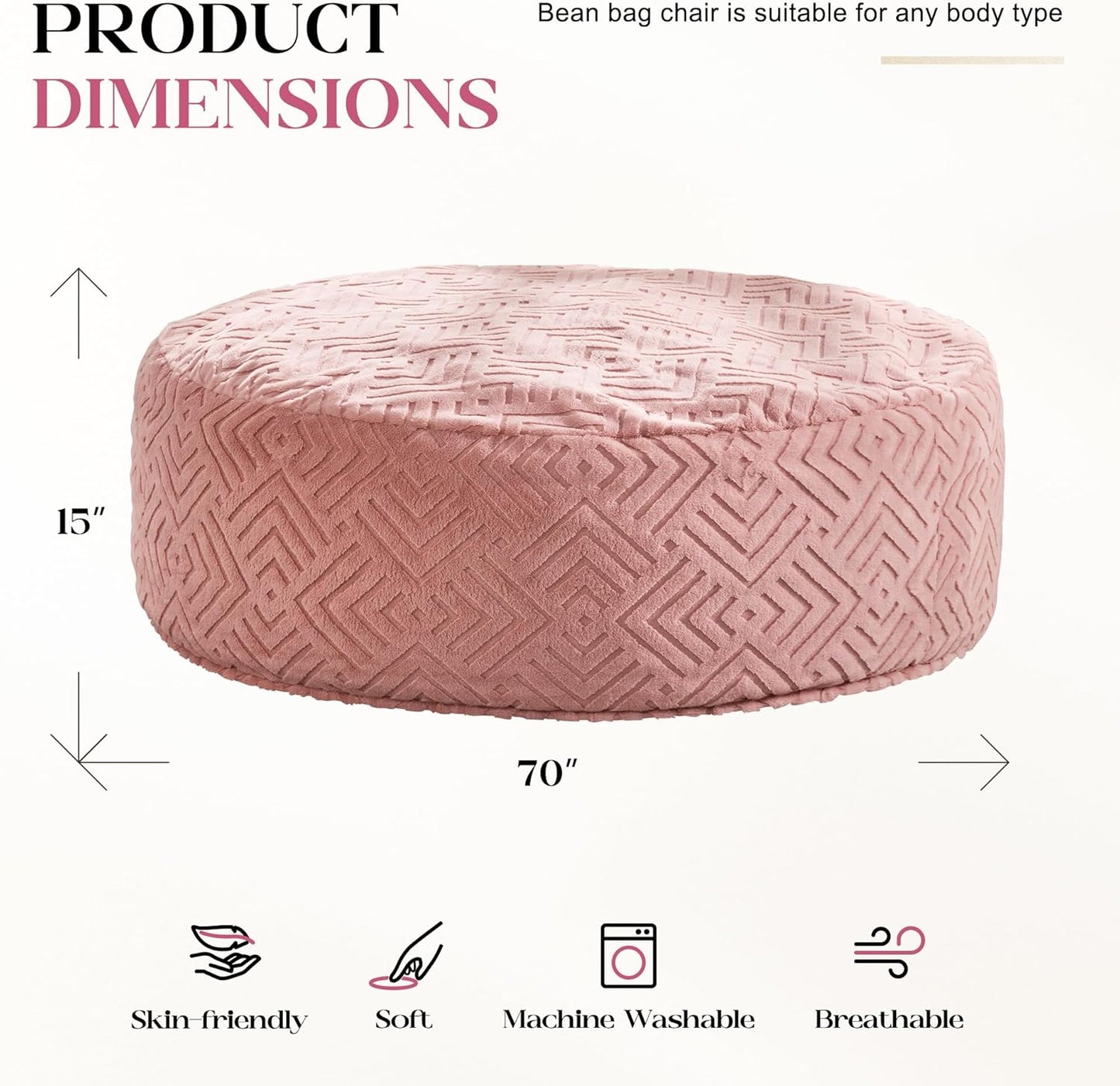 Hobestluk Bean Bag Chairs Adults Beanbag Chair with Filler Large Bean Bags with Fluffy Embossed Cover, Giant Bean Bag Chairs for Adults (Pink, 6FT - 70" x 70" x 15")