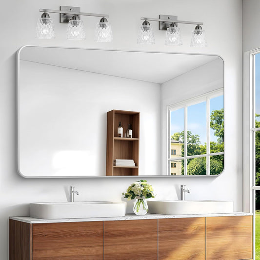 BONEWEI Silver Bathroom Mirror,60x36 inch Wall Mirror for Bathroom Wall Mounted,Rectangle Mirror for Bathroom Over Sink,Modern Frame Round Corner for Living Room,Bedroom Entryway,Horizontal/Vertical