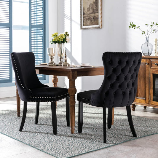 Acosure Set of 2 Velvet Upholstered Wing-Back Dining Chair with Backstitching Nailhead Trim,Exquisite Furniture Stoo W/Wood Legs,for Kitchen,Sitting Room,Black