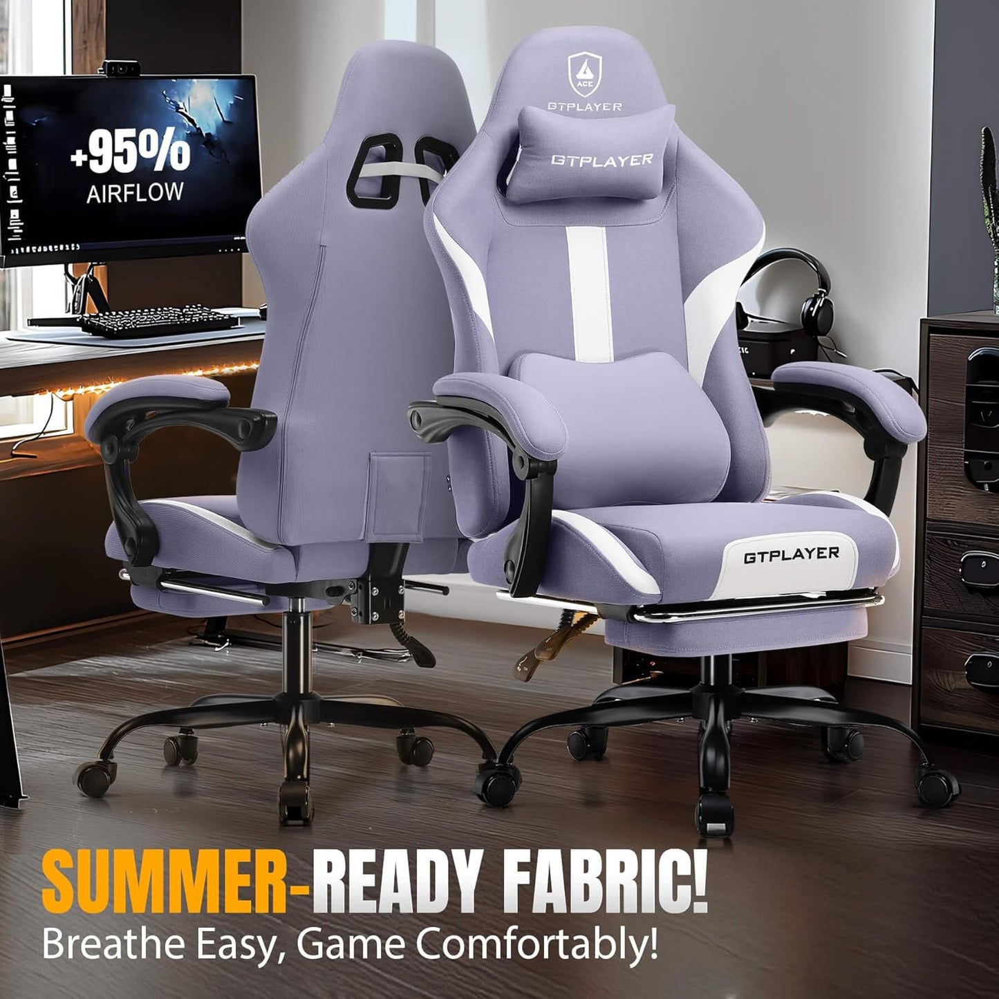 GTRACING Gaming Chair with Foot Rest & Pocket Spring Cushion, Breathable Fabric for Home Office Desk, Ergonomic High Back Computer Chair with Headrest & Lumbar Support, Lavender Purple