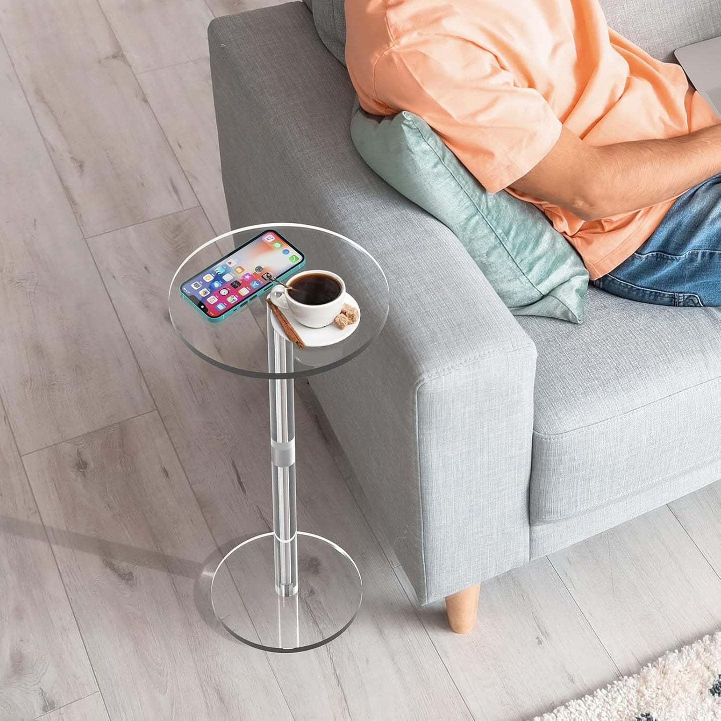 Acrylic End Table, Clear Side Tables for Small Space, 9.8" Round Modern Drink Table for Living Room, Bedroom, Bathroom, Office, Outdoor, Business, Sturdy and Easy to Install