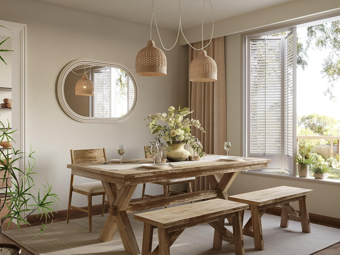 Farmhouse Oval Mirror Boho, 20" x 36" Antique Oval Bathroom Mirrors, Wooden Rustic Decorative Wall Mirror with Beaded for Bedroom, Living Room, Hallway, Vertical or Horizontal Hanging