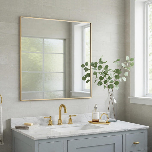 30x30 Inch Gold Bathroom Mirror - Copper-Free Mirror, Aluminum Alloy Frame Vanity Rectangle Wall Mounted Modern Mirror for Bedroom/Living Room/Porch Horizontal or Vertical