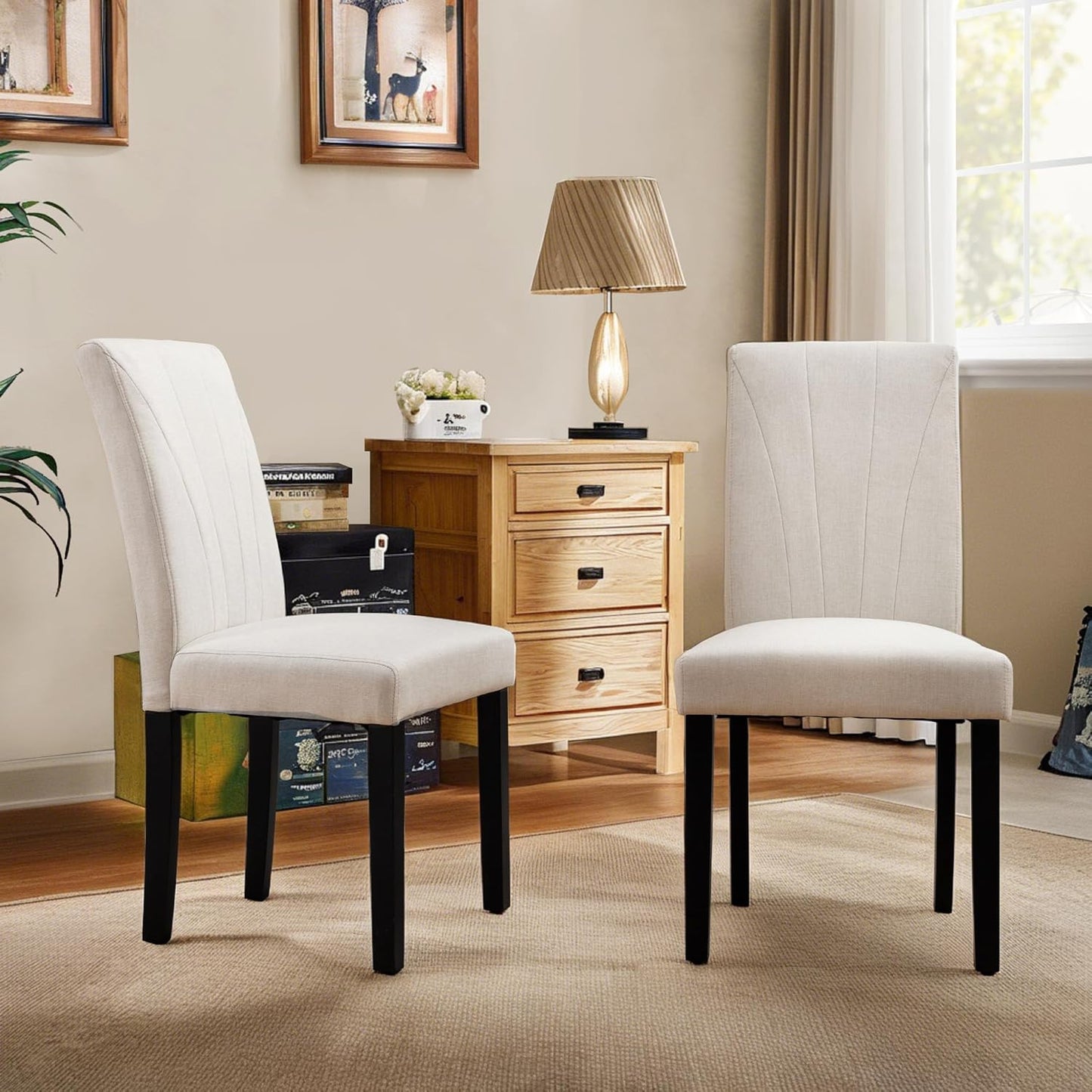 VECELO Upholstered Dining Chairs Set of 4, Modern Fabric and High Back & Solid Wood Legs, Parsons for Kitchen/Living Room- Beige